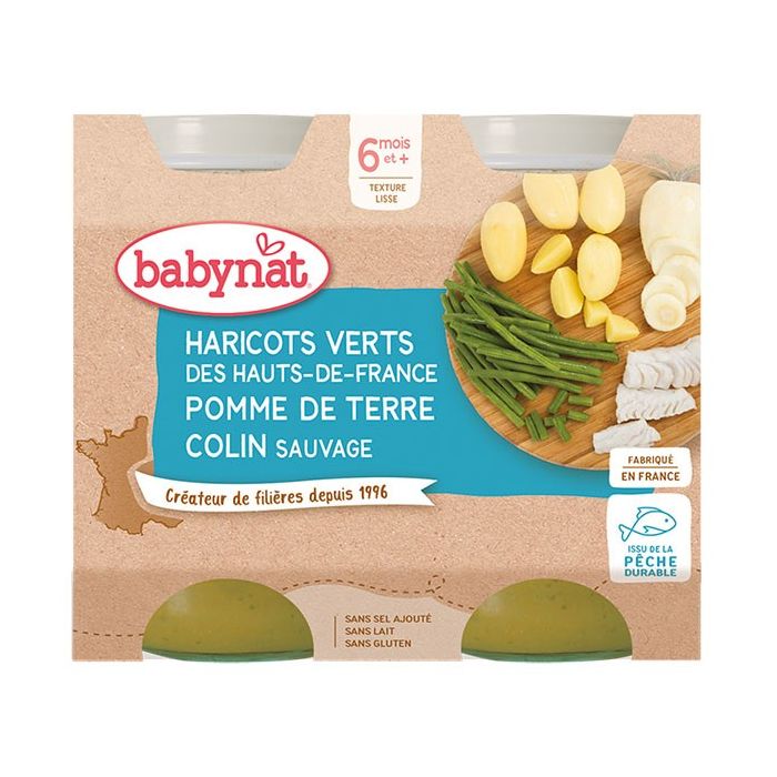 BABYBIO Pot Haricots Verts Pomme de Terre Colin +6m Bio 2 x 200g
