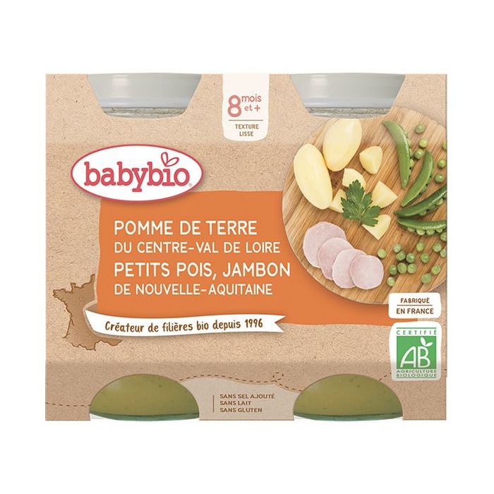 BABYBIO Pot Pomme de Terre Petits Pois Jambon 8m+ Bio 2 x 200g
