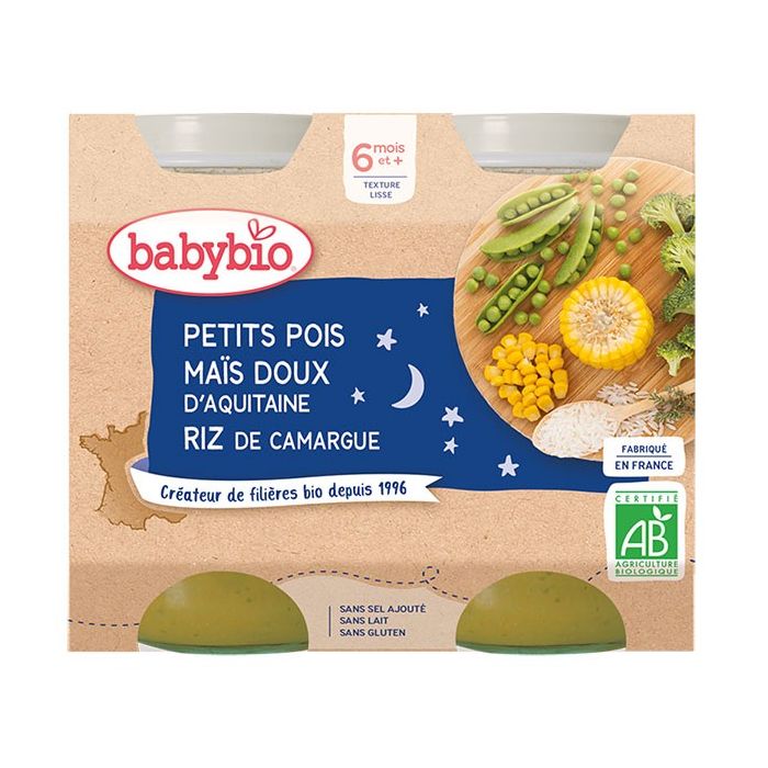 BABYBIO Pot Nuit Petits Pois Maïs Riz 6m+ Bio 2 x 200g