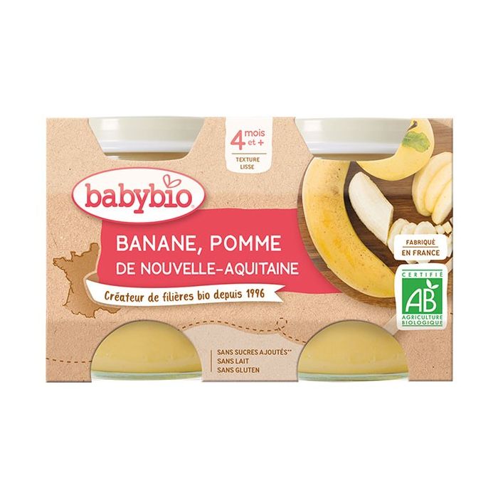 BABYBIO Pot Banane/Pomme 4m+ Bio 2x130g
