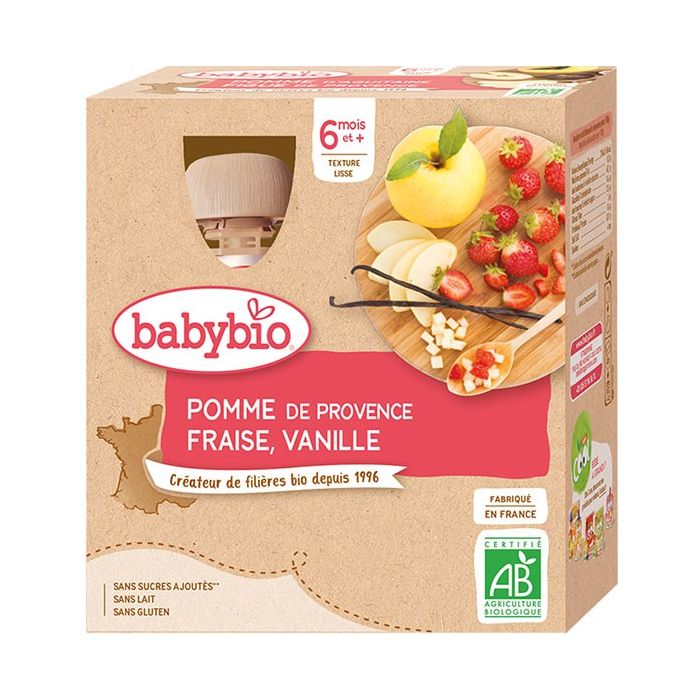 BABYBIO Gourde Pomme Fraise Vanille 6m+ Bio 4x90g