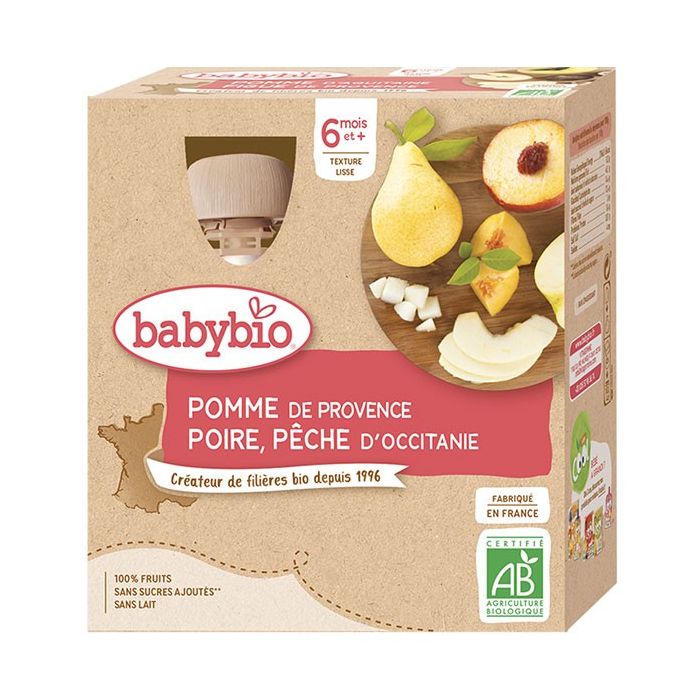 BABYBIO Gourde Pomme/Poire/Pêche 6m+ Bio 4x90g