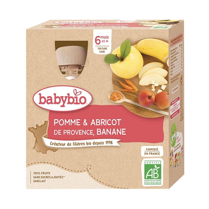 BABYBIO Gourde Pomme/Abricot/Banane 6m+ Bio 4x90g
