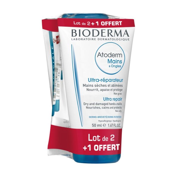BIODERMA Atoderm Crème Mains et Ongles Réparateur 2x 50ml + 1 OFFERT