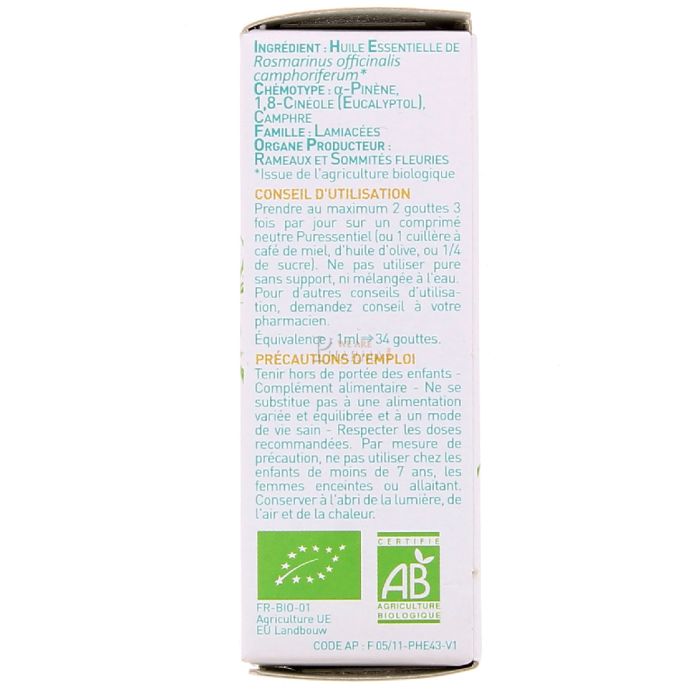  puressentiel huile essentielle de romarin a camphre 10ml
