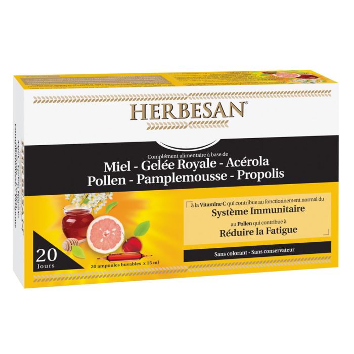 Herbesan systeme immunitaire miel gelee royale acerola pollen pamplemousse propolis x20 ampoules