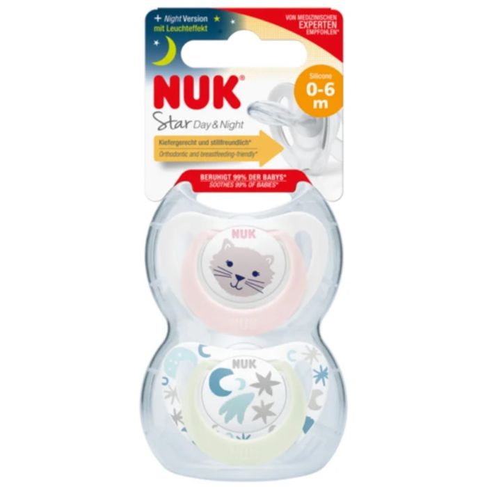Nuk Starlight Jour & Nuit Sucette physiologique 0-6m Fille x2